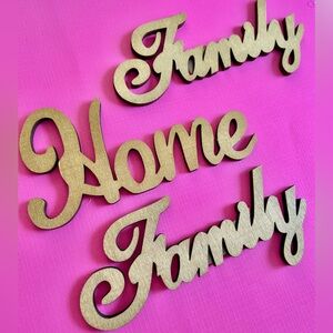 New. 3 wooden signs cutouts for crafts or decoration. Cursive letters.